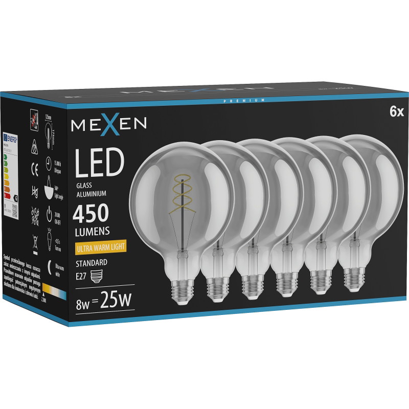 Mexen Vintis 6x żarówka filament spirala LED E27, G125, 8W, Ciepła - 2200K, 450 lm, smoke - L168-E27-0822-70x06