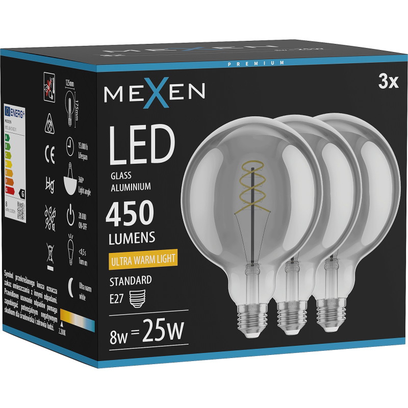 Mexen Vintis 3x żarówka filament spirala LED E27, G125, 8W, Ciepła - 2200K, 450 lm, smoke - L168-E27-0822-70x03