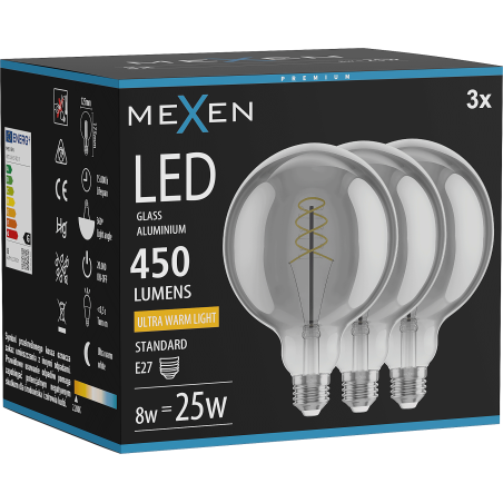 Mexen Vintis 3x żarówka filament spirala LED E27, G125, 8W, Ciepła - 2200K, 450 lm, smoke - L168-E27-0822-70x03