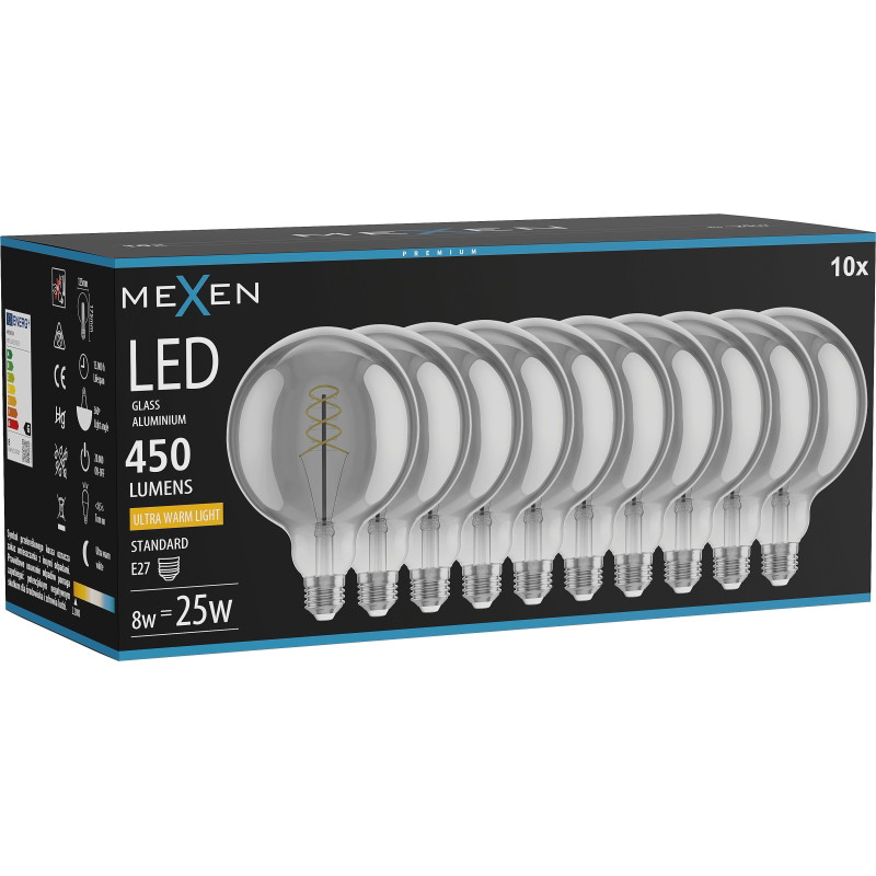 Mexen Vintis 10x żarówka filament spirala LED E27, G125, 8W, Ciepła - 2200K, 450 lm, smoke - L168-E27-0822-70x10
