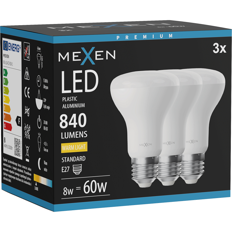 Mexen Nova 3x żarówka LED E27, R63, 8W, Ciepła - 3000K, 840 lm - L104-E27-0830-01x03