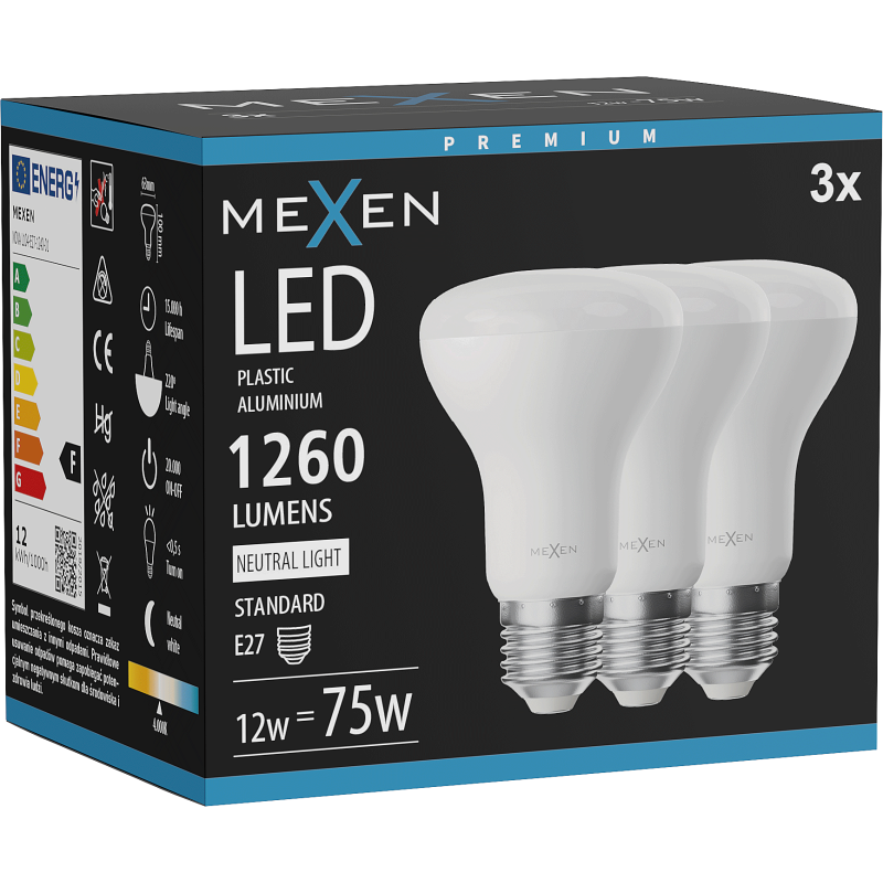 Mexen Nova 3x żarówka LED E27, R63, 12W, Neutralna - 4000K, 1260 lm - L104-E27-1240-01x03