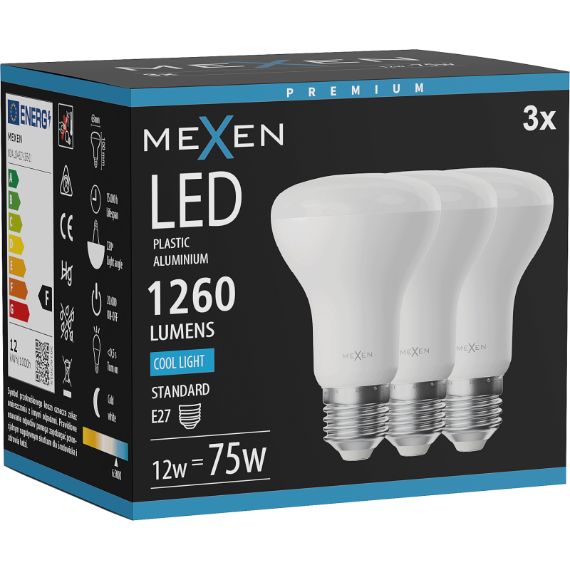 Mexen Nova 3x żarówka LED E27, R63, 12W, Zimna - 6500K, 1260 lm - L104-E27-1265-01x03