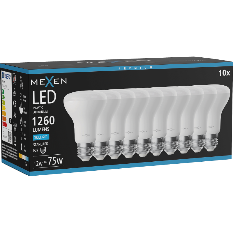 Mexen Nova 10x żarówka LED E27, R63, 12W, Zimna - 6500K, 1260 lm - L104-E27-1265-01x10