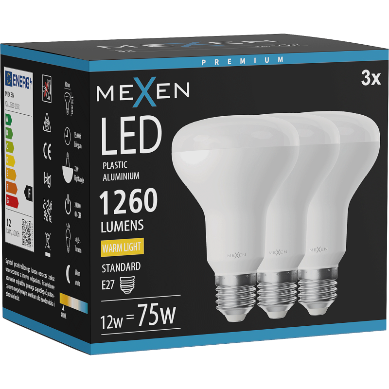 Mexen Nova 3x żarówka LED E27, R80, 12W, Ciepła - 3000K, 1260 lm - L105-E27-1230-01x03