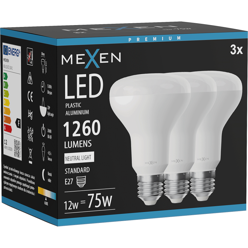 Mexen Nova 3x żarówka LED E27, R80, 12W, Neutralna - 4000K, 1260 lm - L105-E27-1240-01x03
