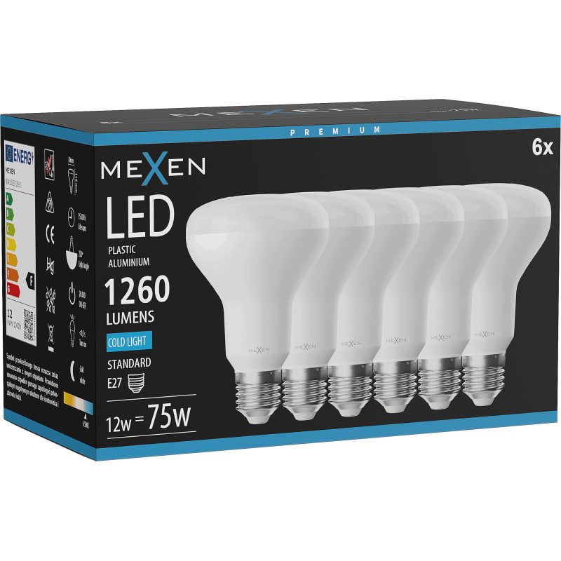Mexen Nova 6x żarówka LED E27, R80, 12W, Zimna - 6500K, 1260 lm - L105-E27-1265-01x06
