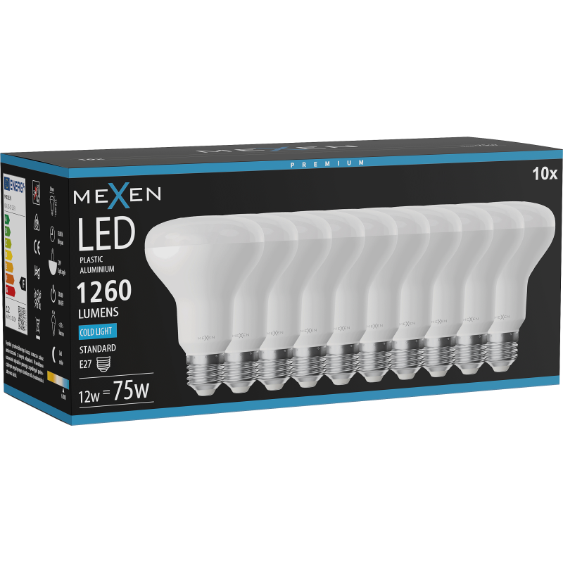 Mexen Nova 10x żarówka LED E27, R80, 12W, Zimna - 6500K, 1260 lm - L105-E27-1265-01x10