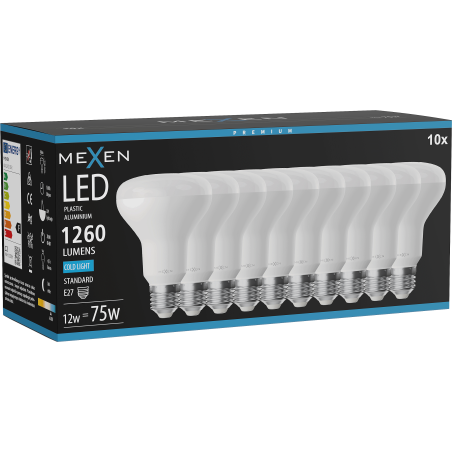 Mexen Nova 10x żarówka LED E27, R80, 12W, Zimna - 6500K, 1260 lm - L105-E27-1265-01x10