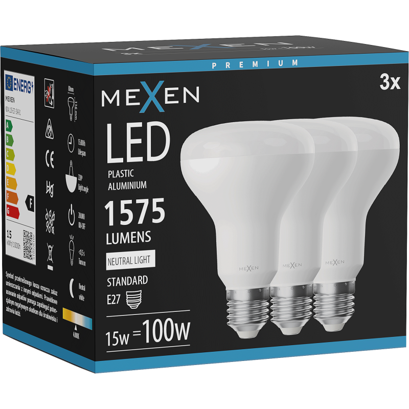 Mexen Nova 3x żarówka LED E27, R80, 15W, Neutralna - 4000K, 1575 lm - L105-E27-1540-01x03