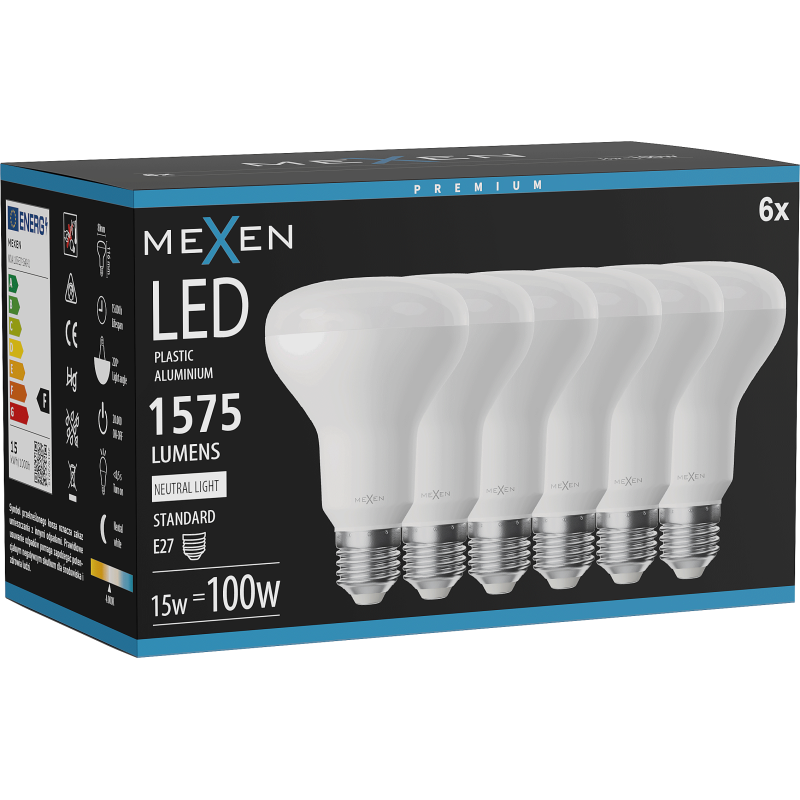 Mexen Nova 6x żarówka LED E27, R80, 15W, Neutralna - 4000K, 1575 lm - L105-E27-1540-01x06