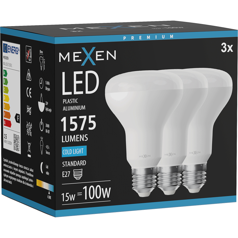 Mexen Nova 3x żarówka LED E27, R80, 15W, Zimna - 6500K, 1575 lm - L105-E27-1565-01x03