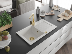 Mexen Pablo zlewozmywak granitowy 1-komorowy z ociekaczem i baterią kuchenną Rita, biały - 6510-20-670300-50