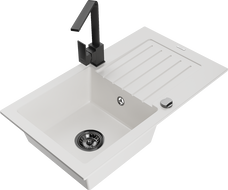 Mexen Pablo zlewozmywak granitowy 1-komorowy z ociekaczem i baterią kuchenną Rita, biały - 6510-20-670300-70