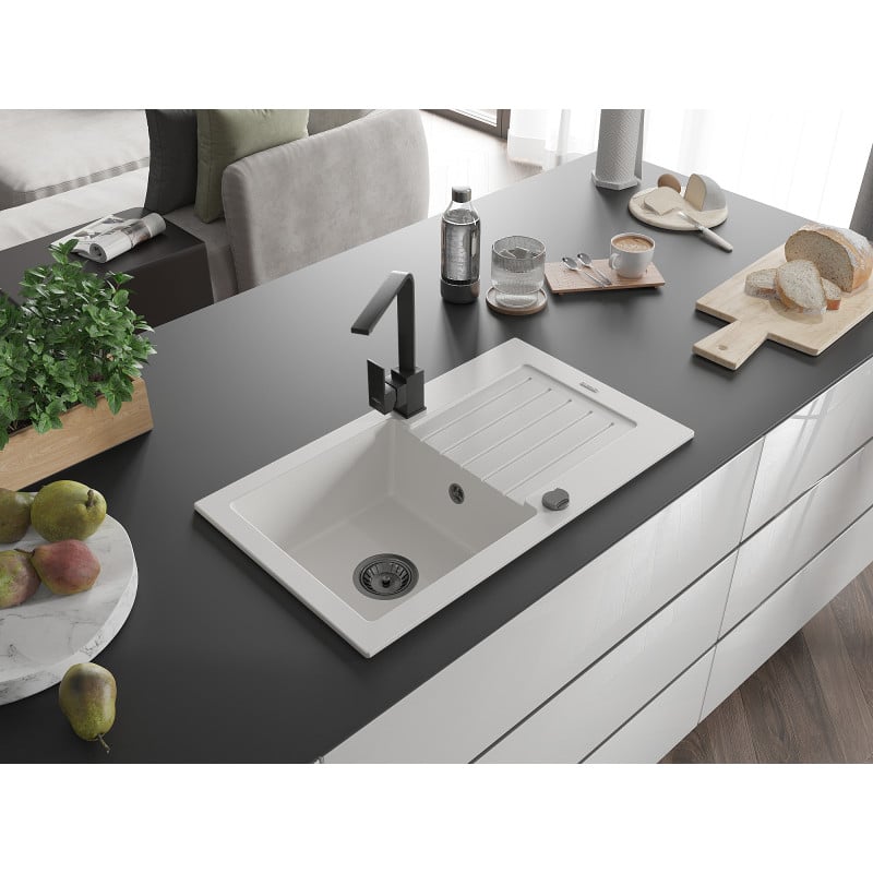 Mexen Pablo zlewozmywak granitowy 1-komorowy z ociekaczem i baterią kuchenną Rita, biały - 6510-20-670300-70