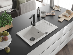 Mexen Pablo zlewozmywak granitowy 1-komorowy z ociekaczem i baterią kuchenną Rita, biały - 6510-20-670300-70