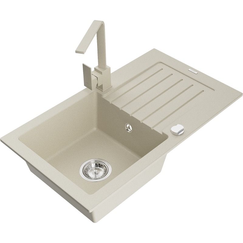 Mexen Pablo zlewozmywak granitowy 1-komorowy z ociekaczem i baterią kuchenną Rita, beżowy - 6510-69-670300-69