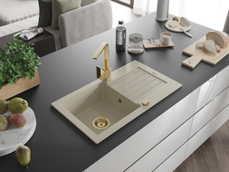 Mexen Pablo zlewozmywak granitowy 1-komorowy z ociekaczem i baterią kuchenną Rita, beżowy - 6510-69-670300-50