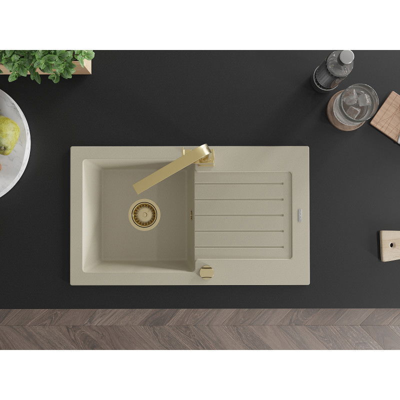 Mexen Pablo zlewozmywak granitowy 1-komorowy z ociekaczem i baterią kuchenną Rita, beżowy - 6510-69-670300-50