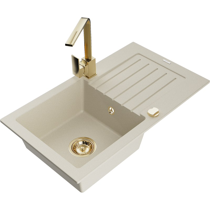 Mexen Pablo zlewozmywak granitowy 1-komorowy z ociekaczem i baterią kuchenną Rita, beżowy - 6510-69-670300-50