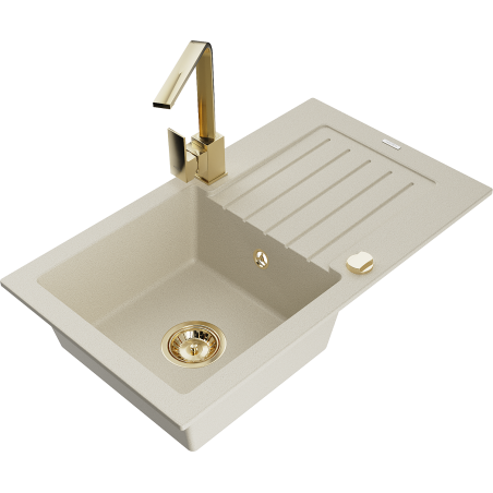 Mexen Pablo zlewozmywak granitowy 1-komorowy z ociekaczem i baterią kuchenną Rita, beżowy - 6510-69-670300-50