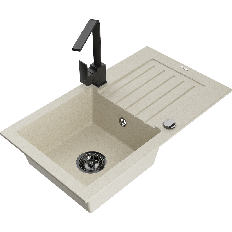 Mexen Pablo zlewozmywak granitowy 1-komorowy z ociekaczem i baterią kuchenną Rita, beżowy - 6510-69-670300-70