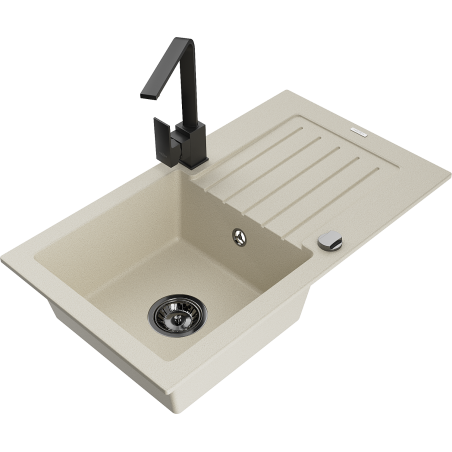 Mexen Pablo zlewozmywak granitowy 1-komorowy z ociekaczem i baterią kuchenną Rita, beżowy - 6510-69-670300-70