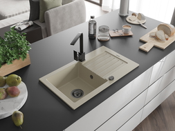 Mexen Pablo zlewozmywak granitowy 1-komorowy z ociekaczem i baterią kuchenną Rita, beżowy - 6510-69-670300-70