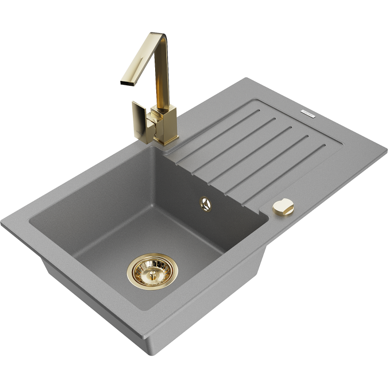 Mexen Pablo zlewozmywak granitowy 1-komorowy z ociekaczem i baterią kuchenną Rita, szary - 6510-71-670300-50