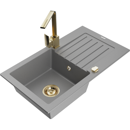 Mexen Pablo zlewozmywak granitowy 1-komorowy z ociekaczem i baterią kuchenną Rita, szary - 6510-71-670300-50
