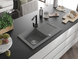 Mexen Pablo zlewozmywak granitowy 1-komorowy z ociekaczem i baterią kuchenną Rita, szary - 6510-71-670300-70