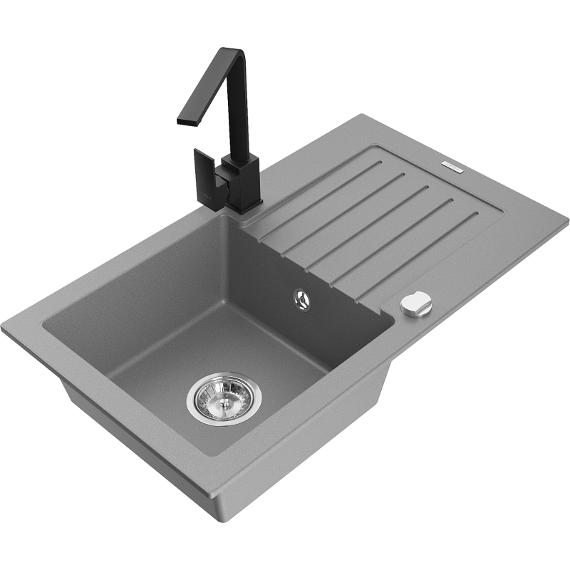 Mexen Pablo zlewozmywak granitowy 1-komorowy z ociekaczem i baterią kuchenną Rita, szary - 6510-71-670300-70