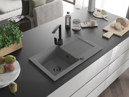 Mexen Pablo zlewozmywak granitowy 1-komorowy z ociekaczem i baterią kuchenną Rita, szary - 6510-71-670300-70-B