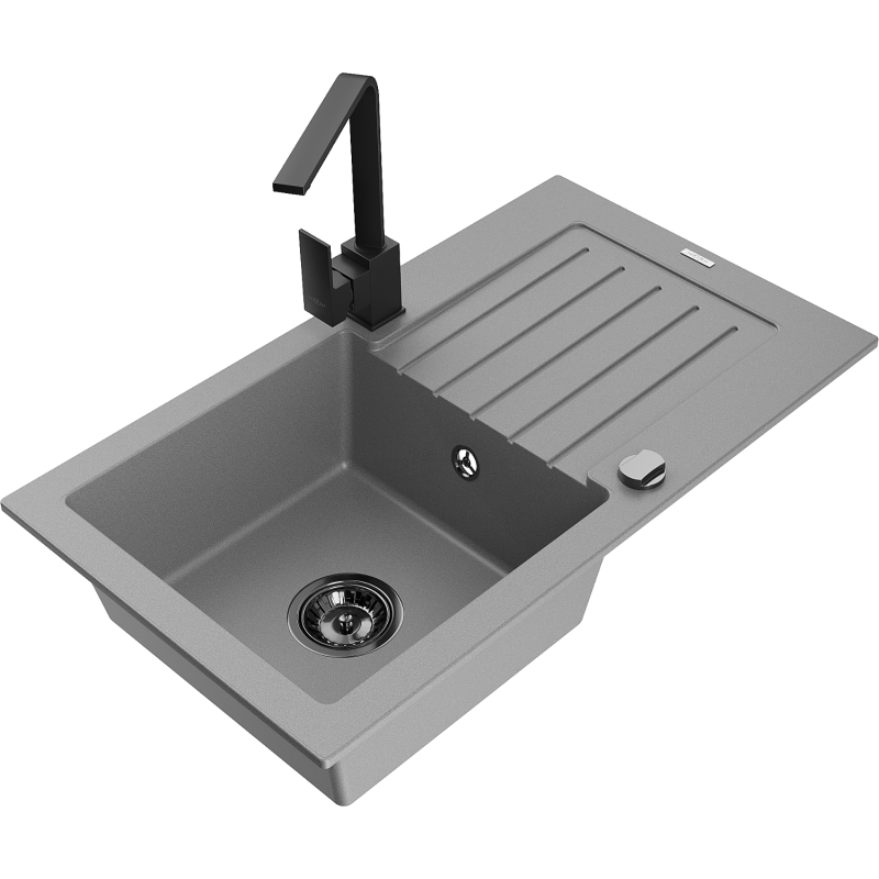 Mexen Pablo zlewozmywak granitowy 1-komorowy z ociekaczem i baterią kuchenną Rita, szary - 6510-71-670300-70-B