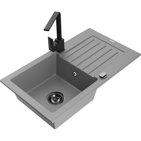 Mexen Pablo zlewozmywak granitowy 1-komorowy z ociekaczem i baterią kuchenną Rita, szary - 6510-71-670300-70-B