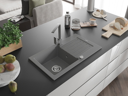 Mexen Pablo zlewozmywak granitowy 1-komorowy z ociekaczem i baterią kuchenną Rita, szary - 6510-71-670300-71