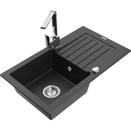Mexen Pablo zlewozmywak granitowy 1-komorowy z ociekaczem i baterią kuchenną Rita, czarny/srebrny metalik- 6510-73-670300-00