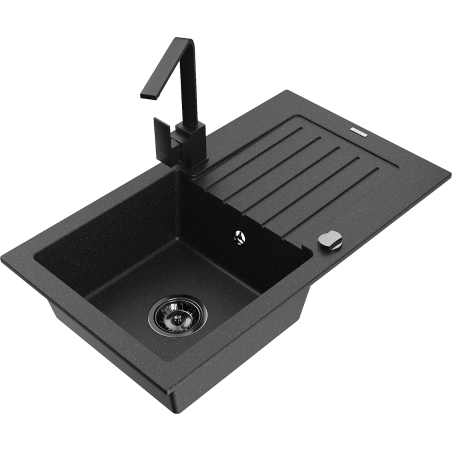 Mexen Pablo zlewozmywak granitowy 1-komorowy z ociekaczem i baterią kuchenną Rita, czarny/srebrny metalik- 6510-73-670300-70-B