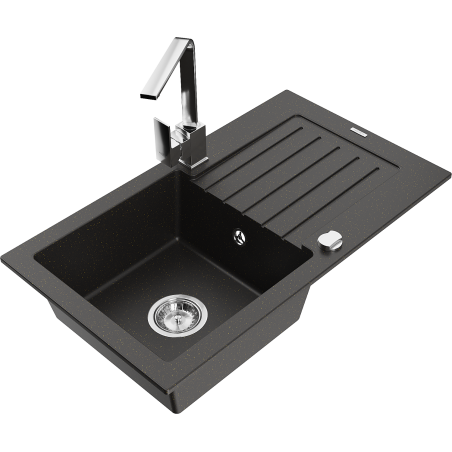 Mexen Pablo zlewozmywak granitowy 1-komorowy z ociekaczem i baterią kuchenną Rita, czarny/złoty metalik- 6510-75-670300-00