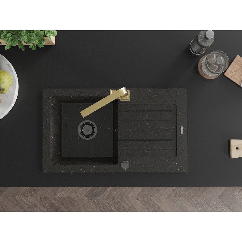 Mexen Pablo zlewozmywak granitowy 1-komorowy z ociekaczem i baterią kuchenną Rita, czarny/złoty metalik- 6510-75-670300-50-B