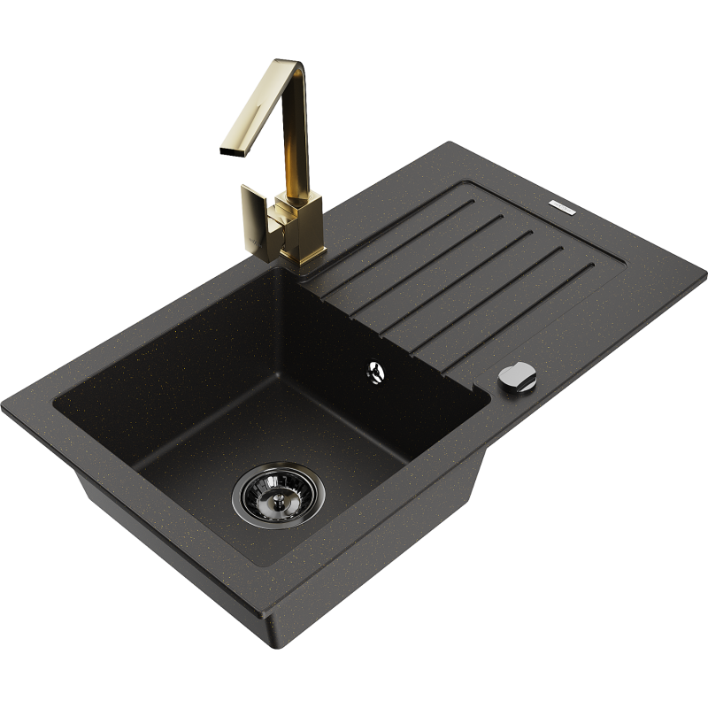 Mexen Pablo zlewozmywak granitowy 1-komorowy z ociekaczem i baterią kuchenną Rita, czarny/złoty metalik- 6510-75-670300-50-B