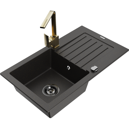 Mexen Pablo zlewozmywak granitowy 1-komorowy z ociekaczem i baterią kuchenną Rita, czarny/złoty metalik- 6510-75-670300-50-B