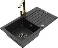Mexen Pablo zlewozmywak granitowy 1-komorowy z ociekaczem i baterią kuchenną Rita, czarny/złoty metalik- 6510-75-670300-50-B