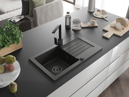 Mexen Pablo zlewozmywak granitowy 1-komorowy z ociekaczem i baterią kuchenną Rita, czarny/złoty metalik- 6510-75-670300-70-B