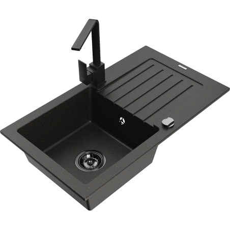 Mexen Pablo zlewozmywak granitowy 1-komorowy z ociekaczem i baterią kuchenną Rita, czarny/złoty metalik- 6510-75-670300-70-B
