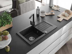 Mexen Pablo zlewozmywak granitowy 1-komorowy z ociekaczem i baterią kuchenną Rita, czarny/złoty metalik- 6510-75-670300-70