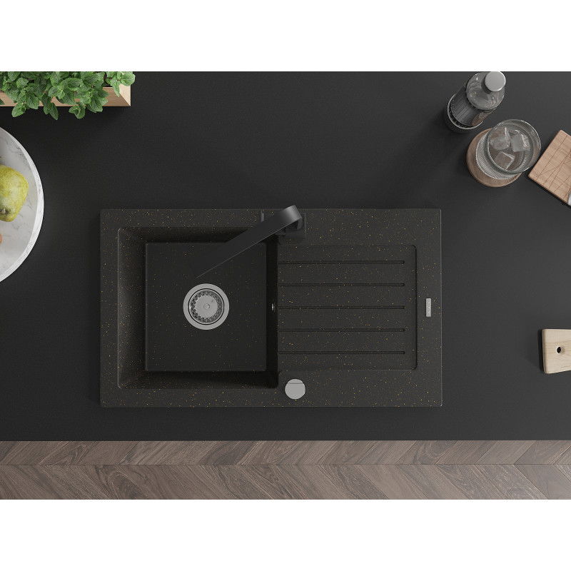 Mexen Pablo zlewozmywak granitowy 1-komorowy z ociekaczem i baterią kuchenną Rita, czarny/złoty metalik- 6510-75-670300-70