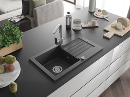 Mexen Pablo zlewozmywak granitowy 1-komorowy z ociekaczem i baterią kuchenną Rita, czarny nakrapiany- 6510-76-670300-00