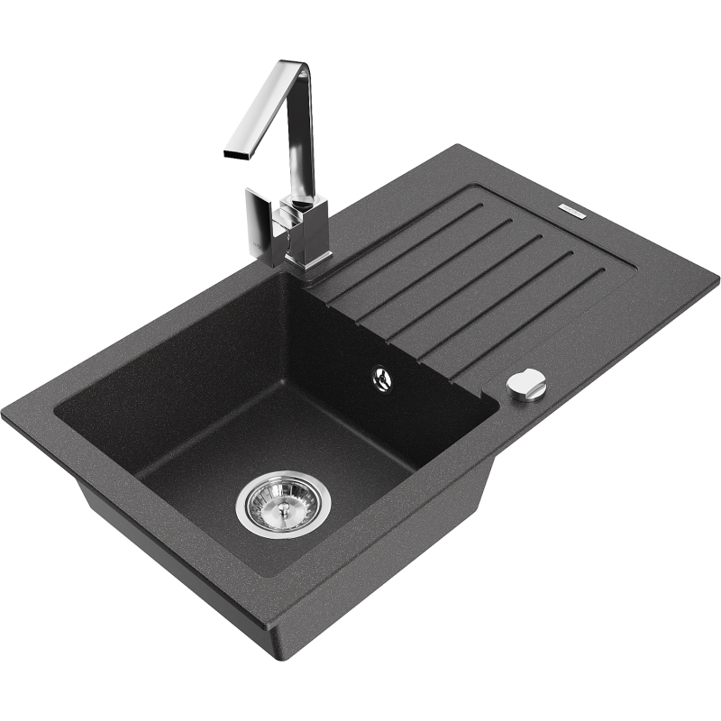 Mexen Pablo zlewozmywak granitowy 1-komorowy z ociekaczem i baterią kuchenną Rita, czarny nakrapiany- 6510-76-670300-00