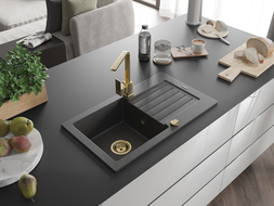 Mexen Pablo zlewozmywak granitowy 1-komorowy z ociekaczem i baterią kuchenną Rita, czarny nakrapiany- 6510-76-670300-50